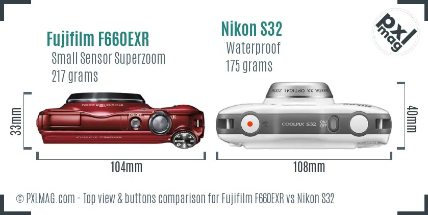 Fujifilm F660EXR vs Nikon S32 top view buttons comparison Fujifilm F660EXR vs Nikon S32 top view buttons comparison