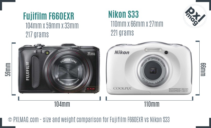 Fujifilm F660EXR vs Nikon S33 size comparison