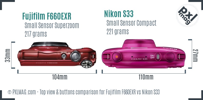 Fujifilm F660EXR vs Nikon S33 top view buttons comparison