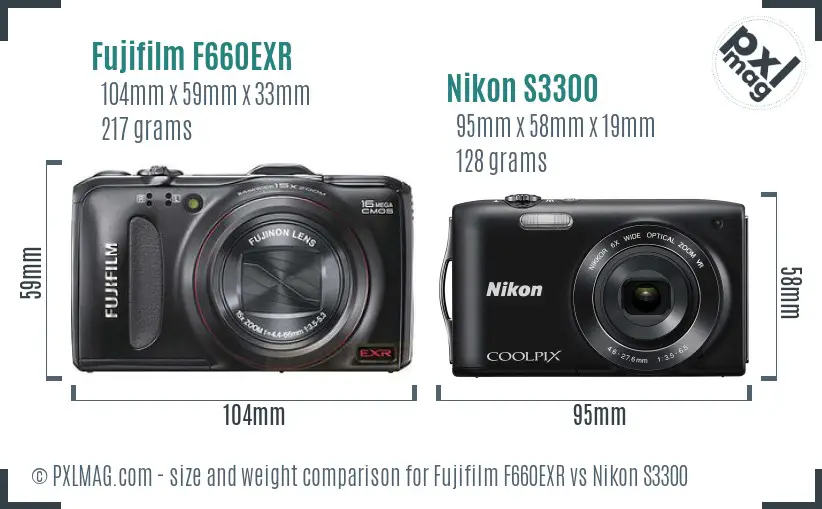Fujifilm F660EXR vs Nikon S3300 size comparison