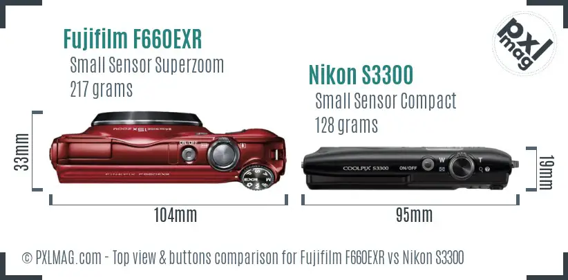 Fujifilm F660EXR vs Nikon S3300 top view buttons comparison