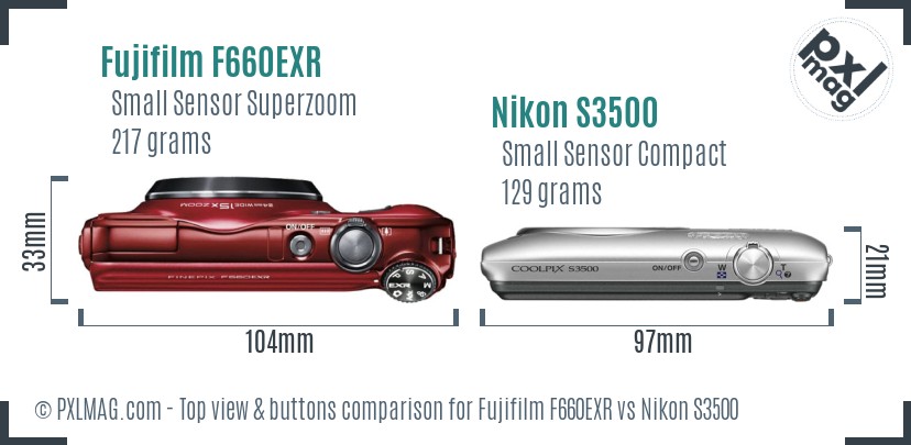 Fujifilm F660EXR vs Nikon S3500 top view buttons comparison