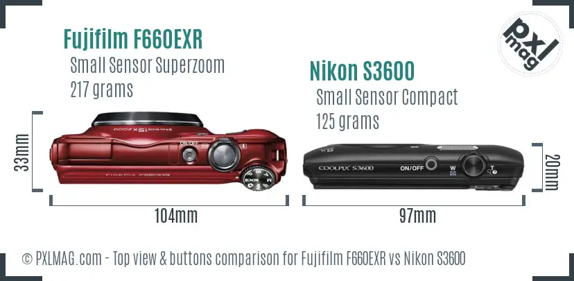 Fujifilm F660EXR vs Nikon S3600 top view buttons comparison Fujifilm F660EXR vs Nikon S3600 top view buttons comparison