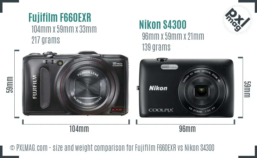 Fujifilm F660EXR vs Nikon S4300 size comparison