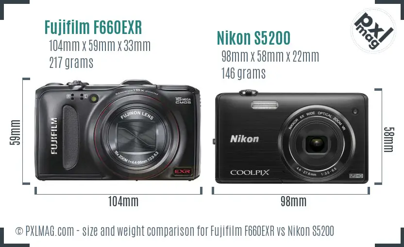 Fujifilm F660EXR vs Nikon S5200 size comparison