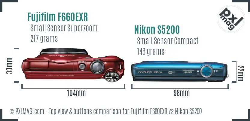 Fujifilm F660EXR vs Nikon S5200 top view buttons comparison