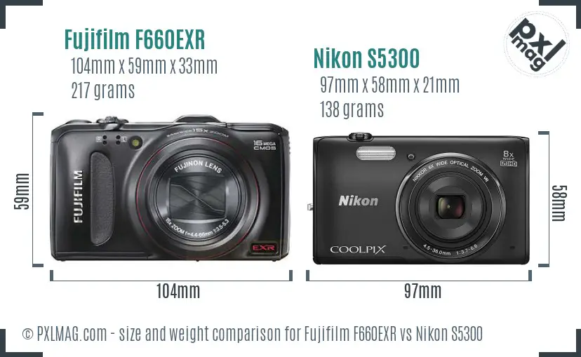 Fujifilm F660EXR vs Nikon S5300 size comparison