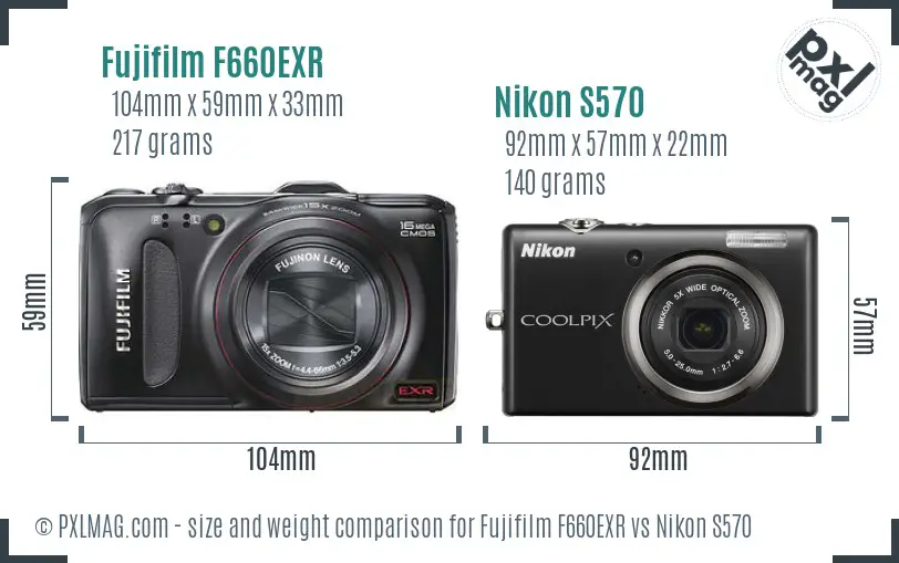 Fujifilm F660EXR vs Nikon S570 size comparison