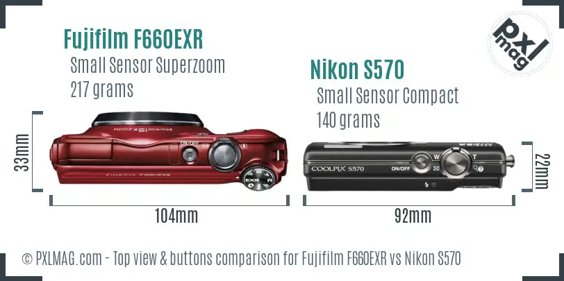 Fujifilm F660EXR vs Nikon S570 top view buttons comparison
