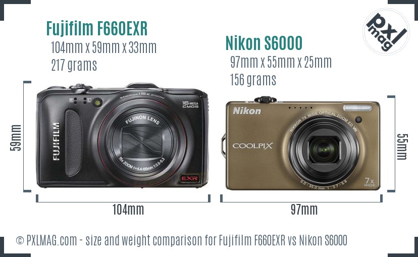 Fujifilm F660EXR vs Nikon S6000 size comparison
