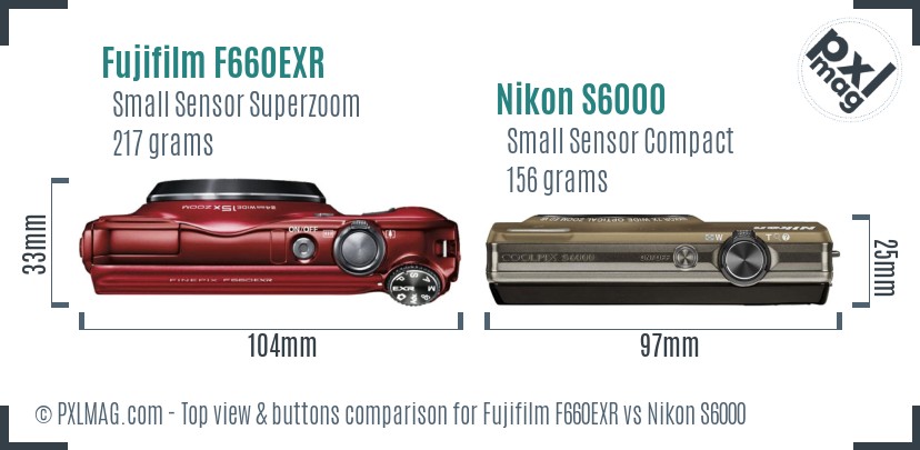 Fujifilm F660EXR vs Nikon S6000 top view buttons comparison