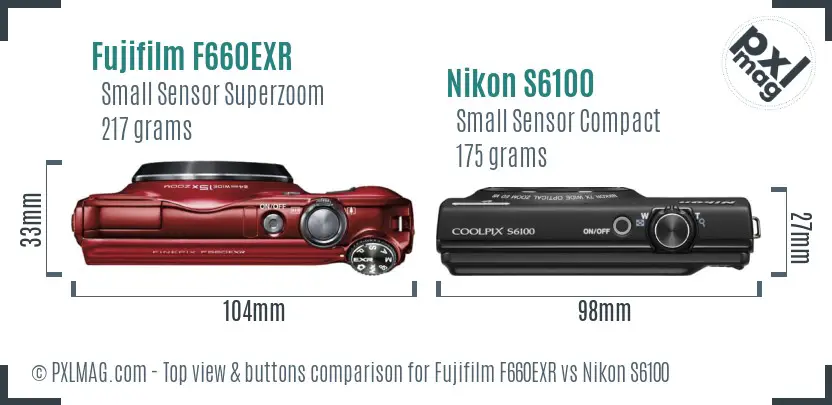 Fujifilm F660EXR vs Nikon S6100 top view buttons comparison