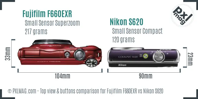 Fujifilm F660EXR vs Nikon S620 top view buttons comparison