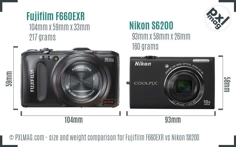 Fujifilm F660EXR vs Nikon S6200 size comparison