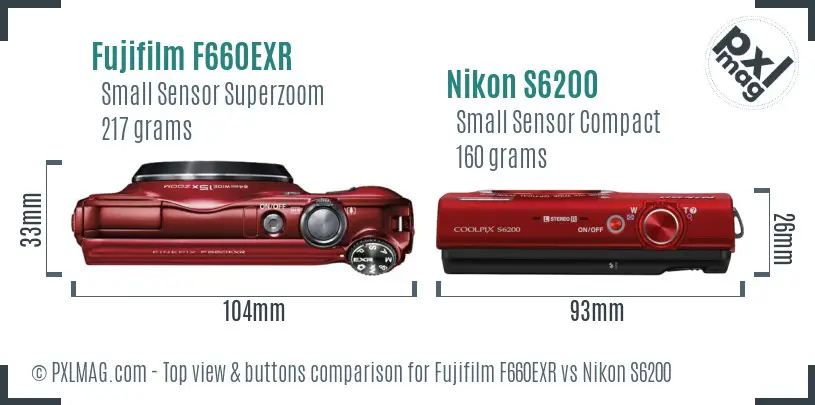 Fujifilm F660EXR vs Nikon S6200 top view buttons comparison