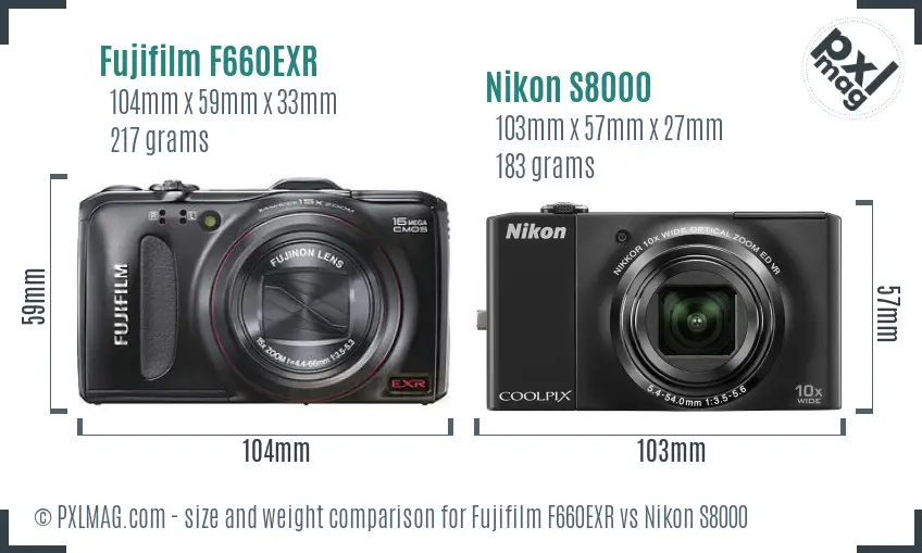 Fujifilm F660EXR vs Nikon S8000 size comparison