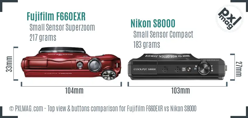 Fujifilm F660EXR vs Nikon S8000 top view buttons comparison