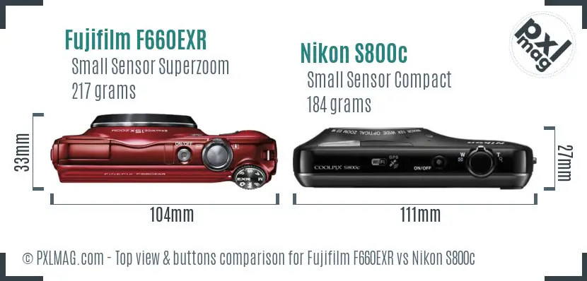 Fujifilm F660EXR vs Nikon S800c top view buttons comparison