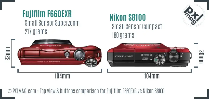 Fujifilm F660EXR vs Nikon S8100 top view buttons comparison Fujifilm F660EXR vs Nikon S8100 top view buttons comparison