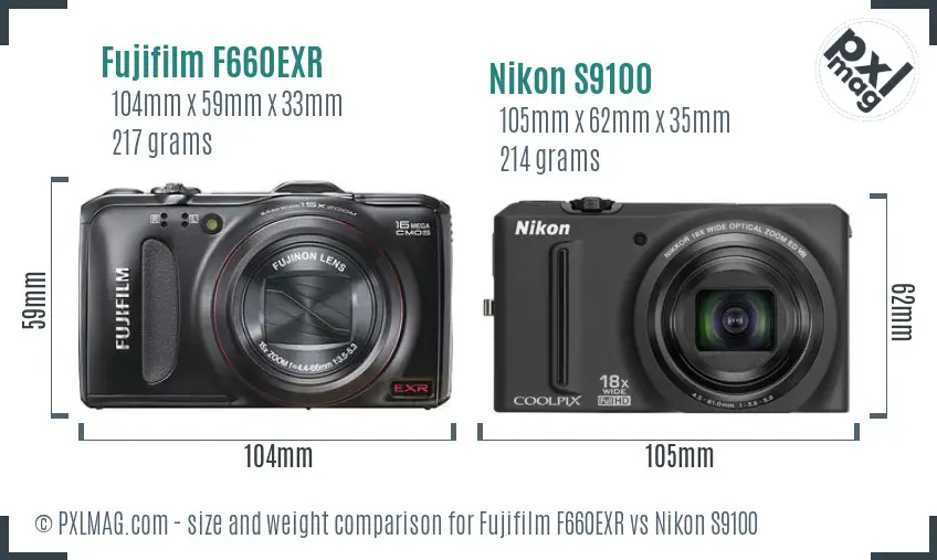Fujifilm F660EXR vs Nikon S9100 size comparison
