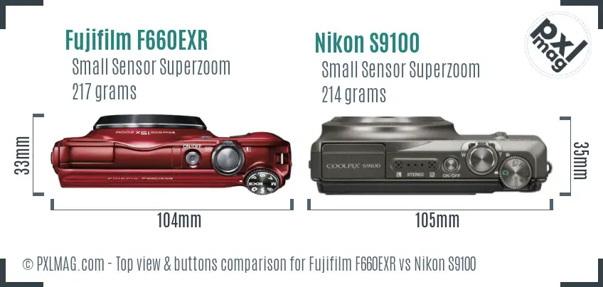 Fujifilm F660EXR vs Nikon S9100 top view buttons comparison
