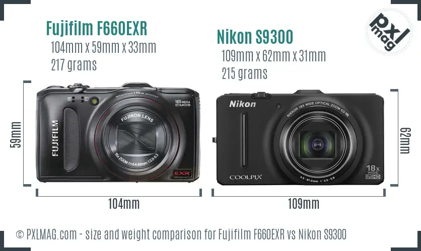Fujifilm F660EXR vs Nikon S9300 size comparison