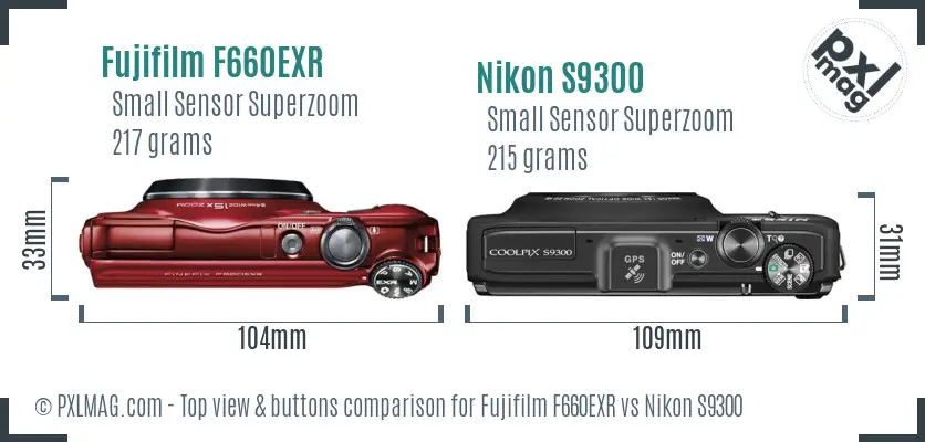 Fujifilm F660EXR vs Nikon S9300 top view buttons comparison