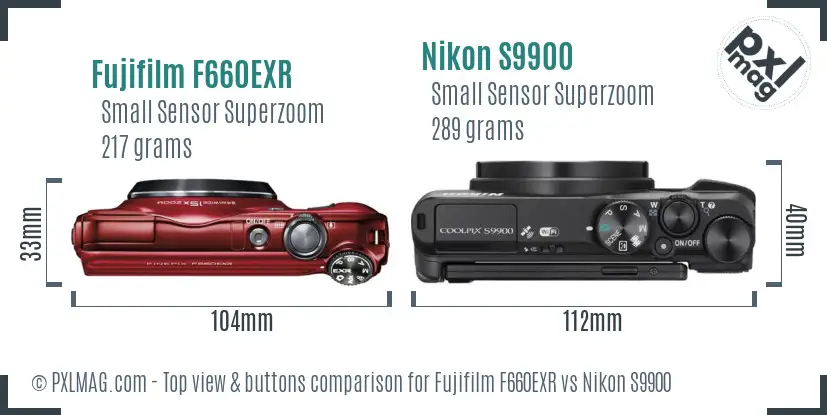 Fujifilm F660EXR vs Nikon S9900 top view buttons comparison Fujifilm F660EXR vs Nikon S9900 top view buttons comparison