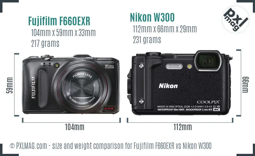 Fujifilm F660EXR vs Nikon W300 size comparison