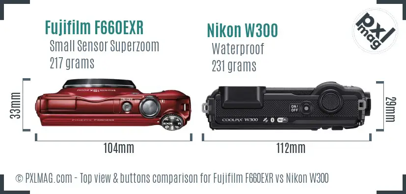 Fujifilm F660EXR vs Nikon W300 top view buttons comparison