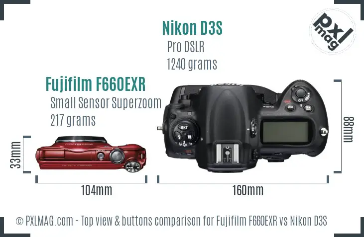 Fujifilm F660EXR vs Nikon D3S top view buttons comparison