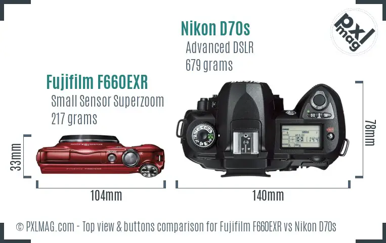 Fujifilm F660EXR vs Nikon D70s top view buttons comparison