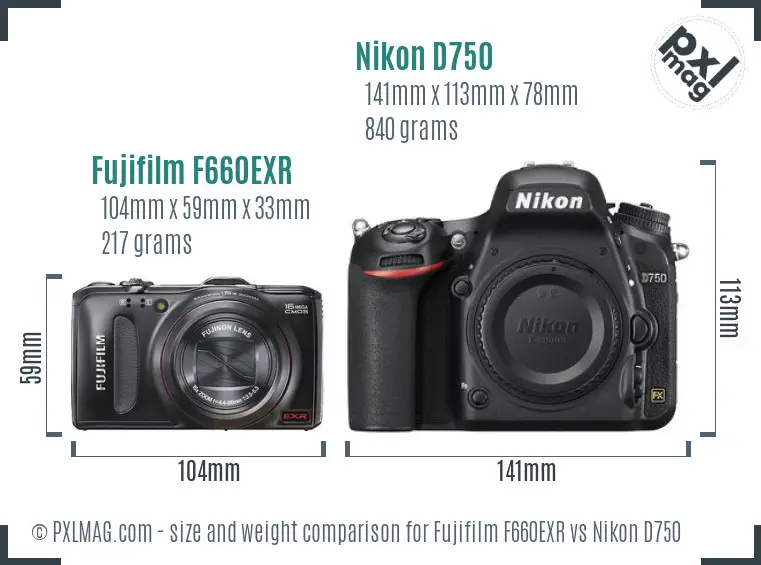 Fujifilm F660EXR vs Nikon D750 size comparison