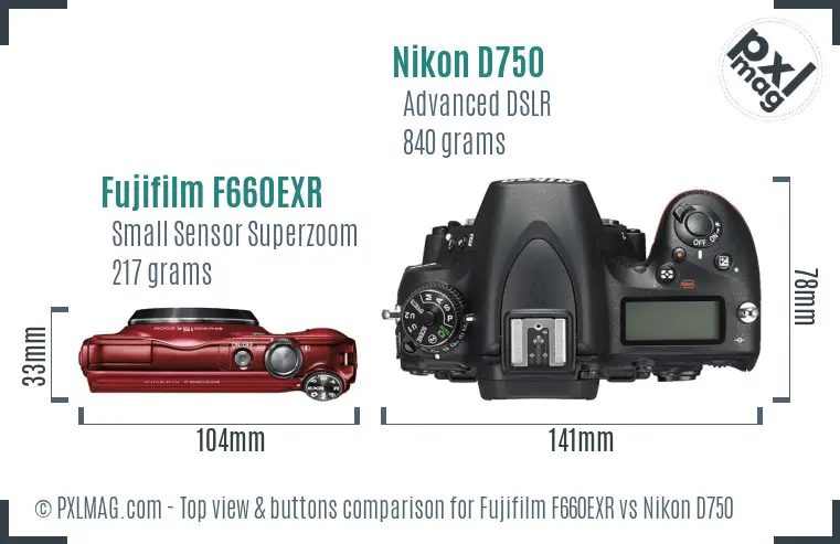 Fujifilm F660EXR vs Nikon D750 top view buttons comparison
