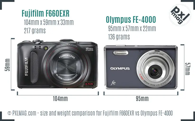 Fujifilm F660EXR vs Olympus FE-4000 size comparison