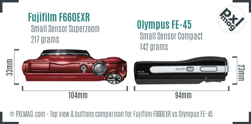Fujifilm F660EXR vs Olympus FE-45 top view buttons comparison Fujifilm F660EXR vs Olympus FE-45 top view buttons comparison