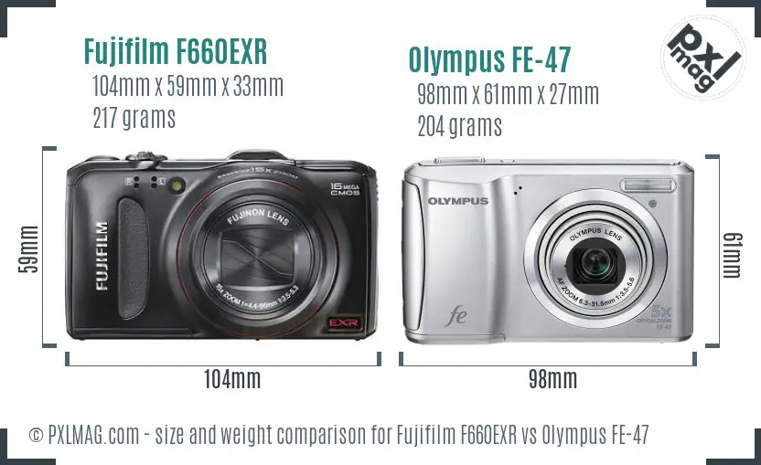 Fujifilm F660EXR vs Olympus FE-47 size comparison