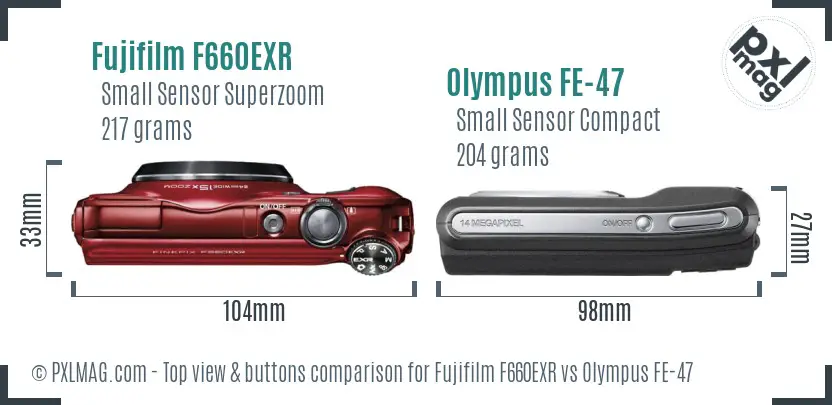Fujifilm F660EXR vs Olympus FE-47 top view buttons comparison