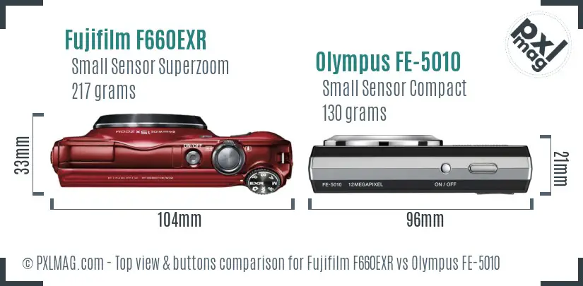 Fujifilm F660EXR vs Olympus FE-5010 top view buttons comparison