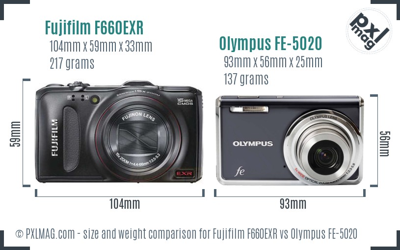 Fujifilm F660EXR vs Olympus FE-5020 size comparison Fujifilm F660EXR vs Olympus FE-5020 size comparison