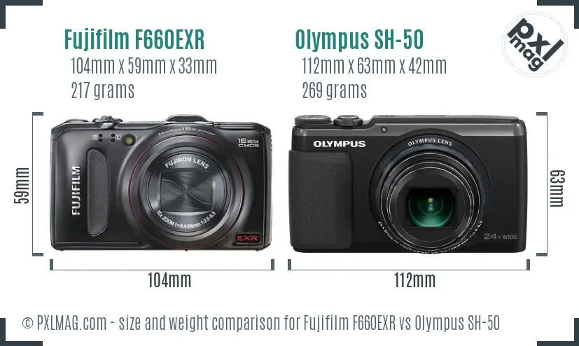Fujifilm F660EXR vs Olympus SH-50 size comparison
