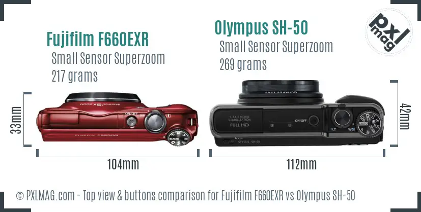 Fujifilm F660EXR vs Olympus SH-50 top view buttons comparison