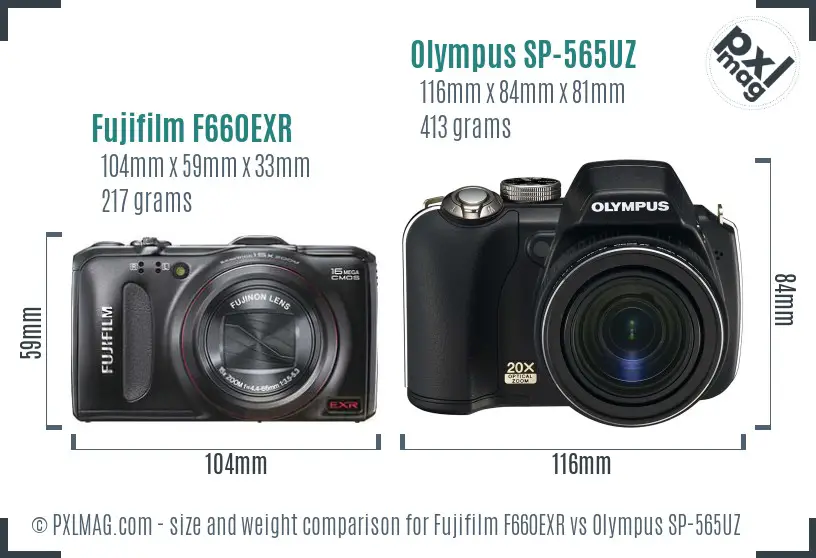 Fujifilm F660EXR vs Olympus SP-565UZ size comparison