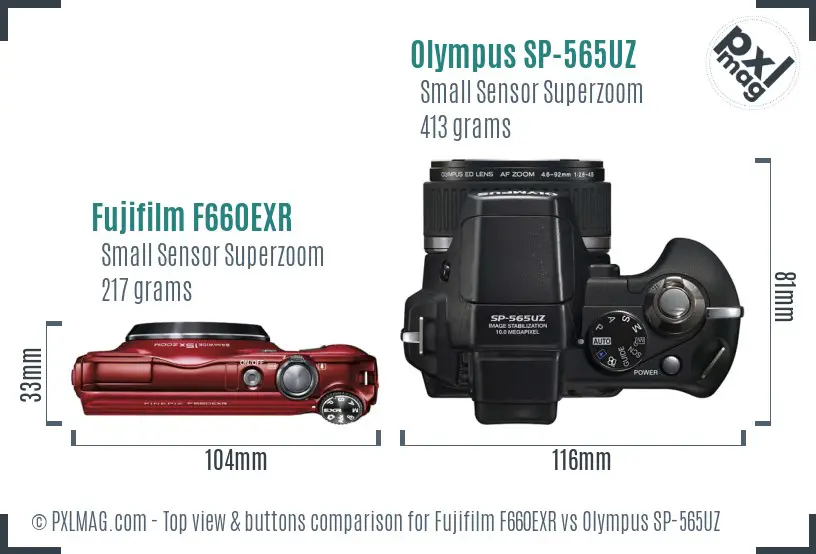 Fujifilm F660EXR vs Olympus SP-565UZ top view buttons comparison