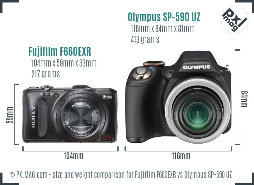 Fujifilm F660EXR vs Olympus SP-590 UZ size comparison