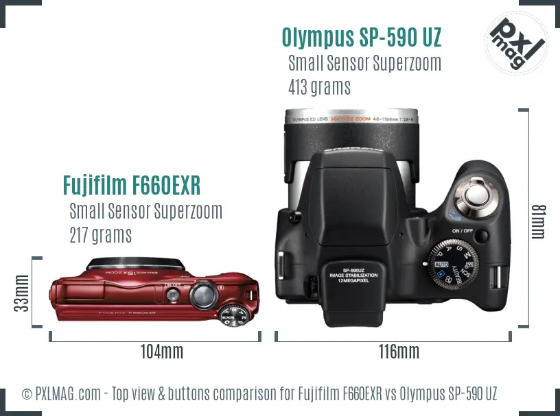 Fujifilm F660EXR vs Olympus SP-590 UZ top view buttons comparison