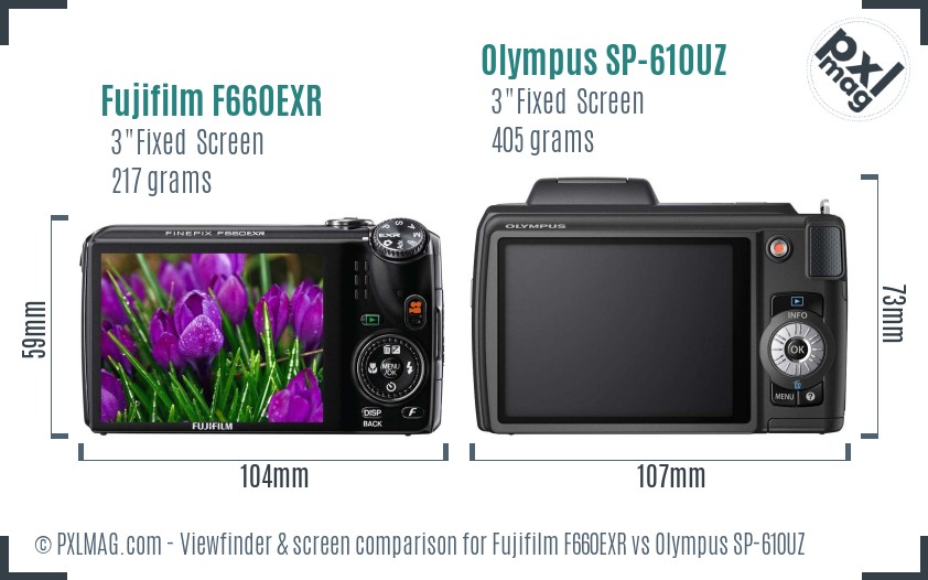 Fujifilm F660EXR vs Olympus SP-610UZ Screen and Viewfinder comparison