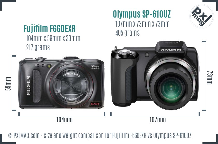 Fujifilm F660EXR vs Olympus SP-610UZ size comparison