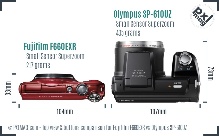 Fujifilm F660EXR vs Olympus SP-610UZ top view buttons comparison