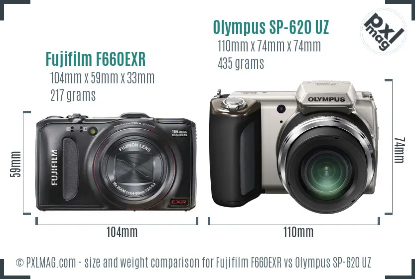 Fujifilm F660EXR vs Olympus SP-620 UZ size comparison Fujifilm F660EXR vs Olympus SP-620 UZ size comparison